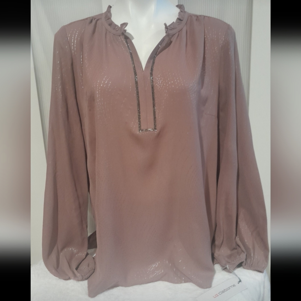 New -Liz Claiborne - Semi Sheer Mauve Embellished V-Neck Blouse, Size Lg